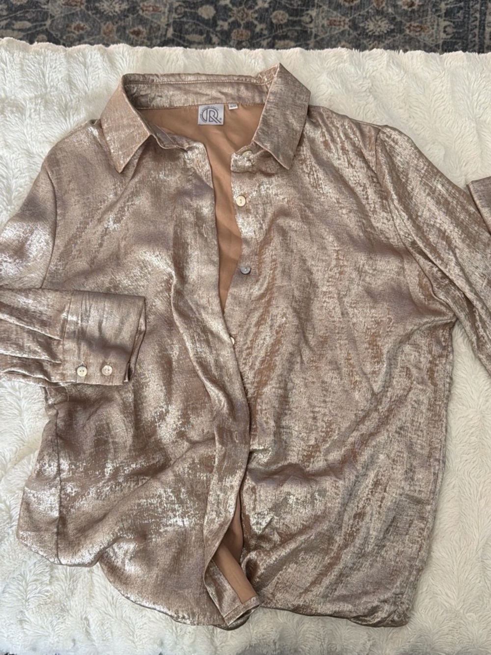 Metallic Shimmer Button-Up Shirt - Neutral Gold